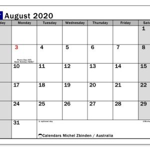 August 2020 Calendar, Australia - Michel Zbinden En