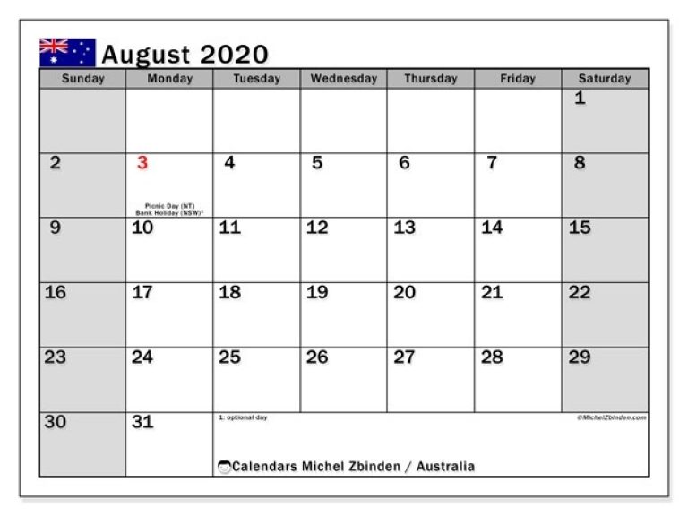 August 2020 Calendar, Australia - Michel Zbinden En