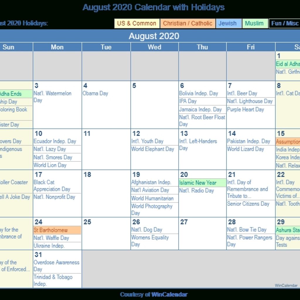 August 2020 Calendar With Holidays - United States