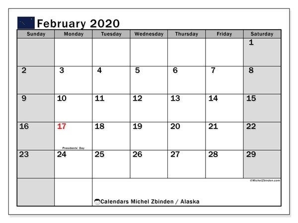 February 2020 Calendar, Alaska (Usa) - Michel Zbinden En