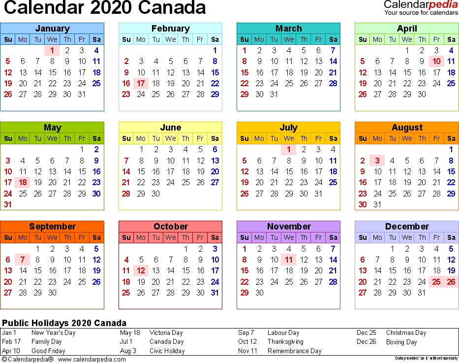 Canada Calendar 2020 - Free Printable Word Templates