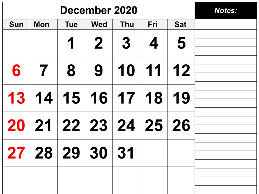 December 2020 Calendar Printable Office Planner With Notes