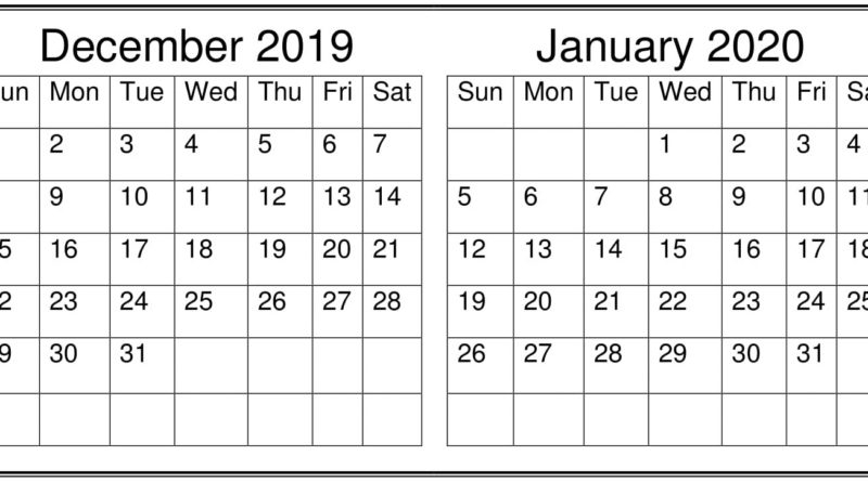 December January 2020 Calendar Excel, Word Printable