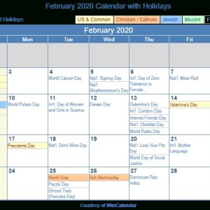 February 2020 Calendar With Holidays - United States