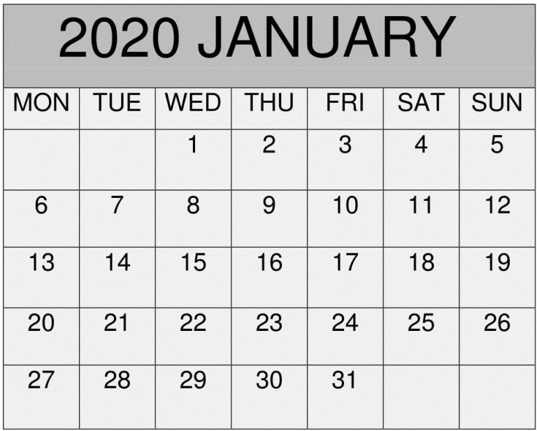 January 2020 Calendar Excel,pdf Template – Free Latest