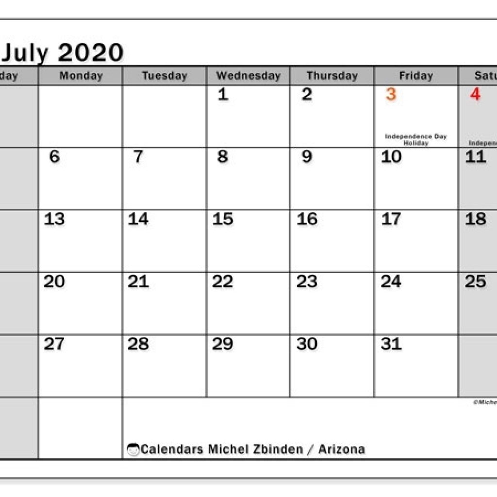 July 2020 Calendar, Arizona (Usa) - Michel Zbinden En