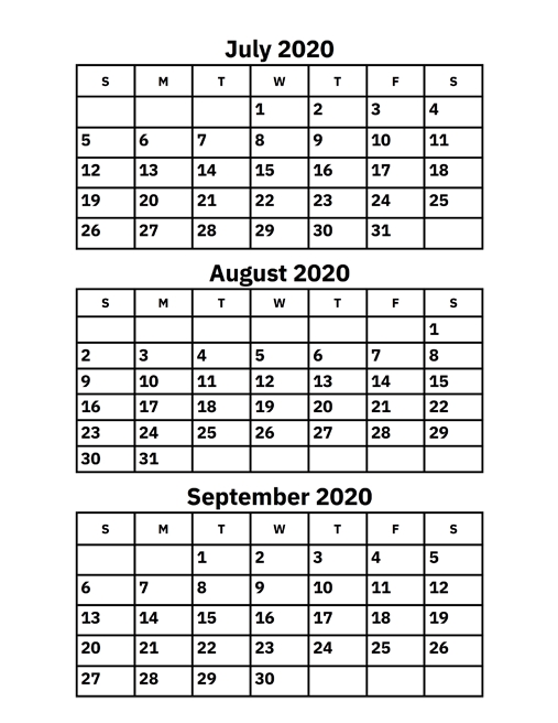 July, August And September 2020 Calendar – Printable