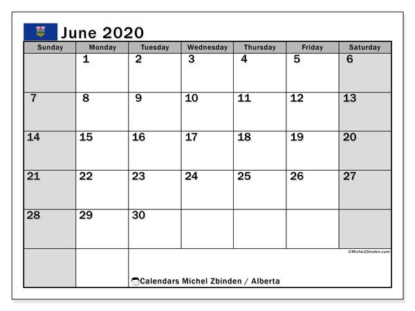 June 2020 Calendar, Alberta (Canada) - Michel Zbinden En