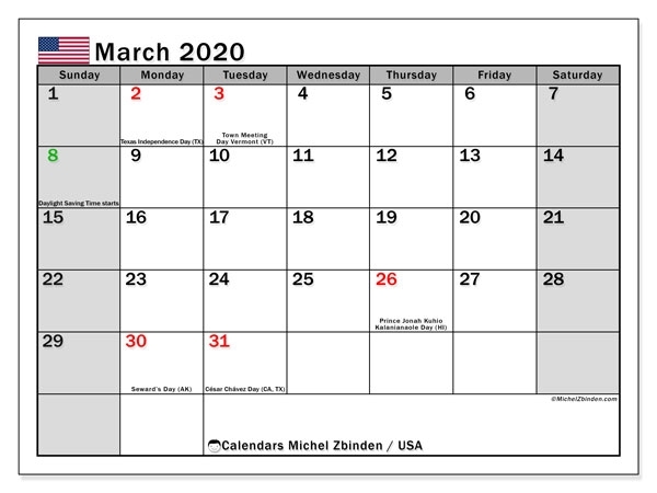 March 2020 Calendar, Usa - Michel Zbinden En