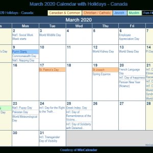 March 2020 Calendar With Holidays - Canada