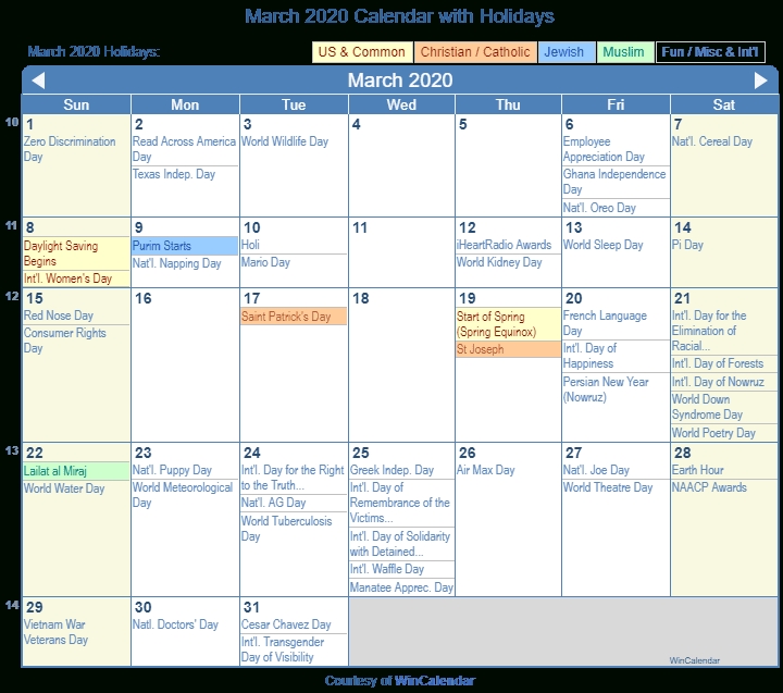 March 2020 Calendar With Holidays - United States