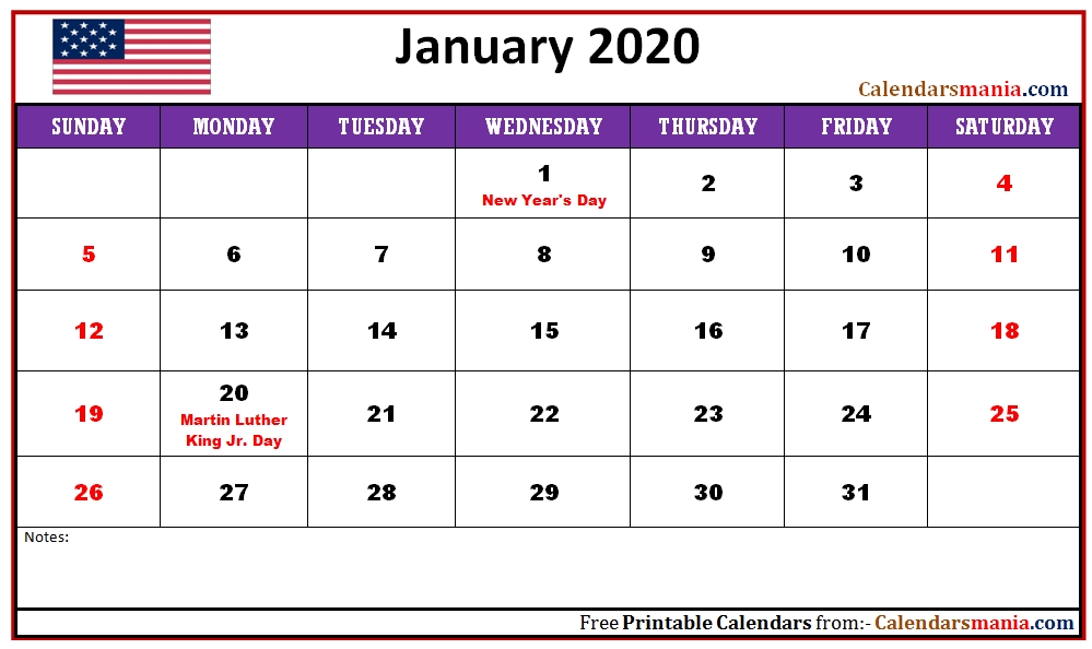 Monthly 2020 The United States (Usa) Holidays Calendar