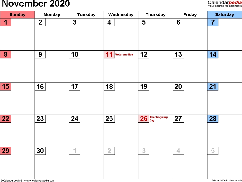 November 2020 Calendars For Word, Excel &amp; Pdf