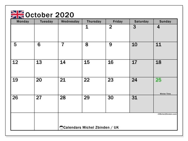 October 2020 Calendar, Uk - Michel Zbinden En