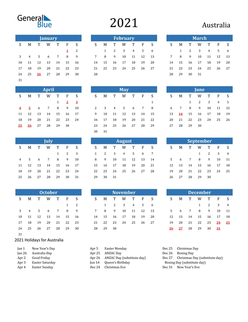 2021 Calendar - Australia With Holidays