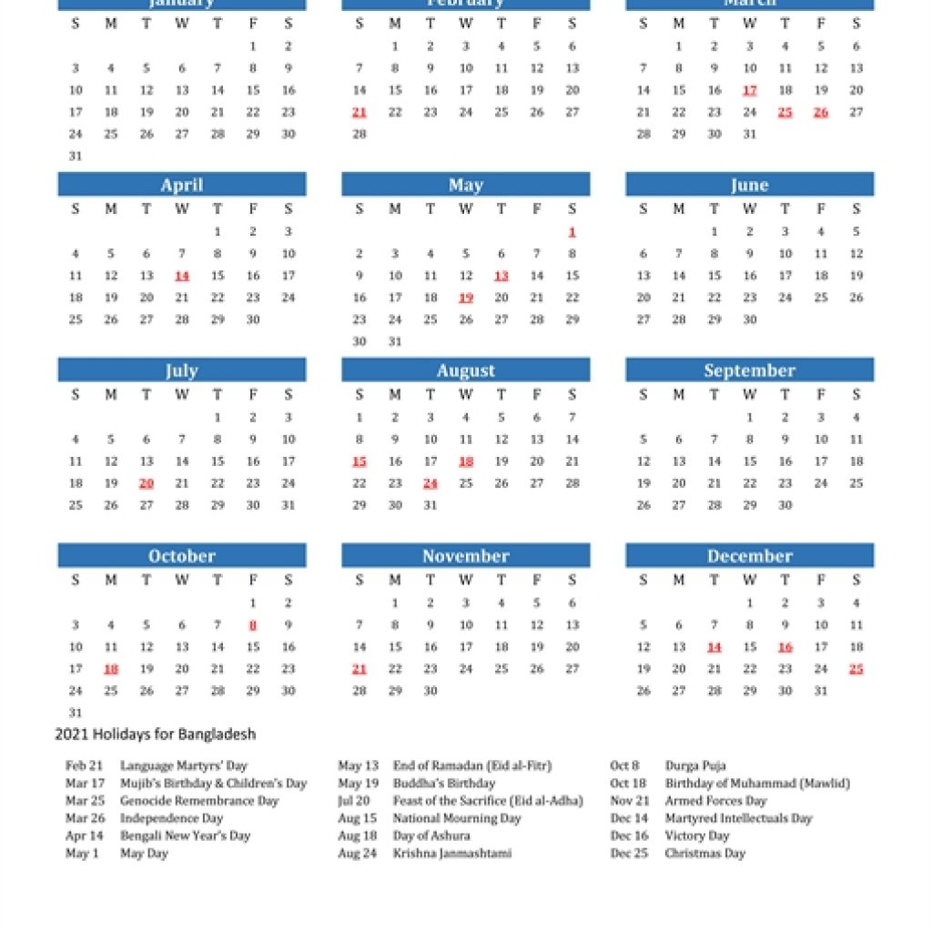 2021 Calendar - Bangladesh With Holidays