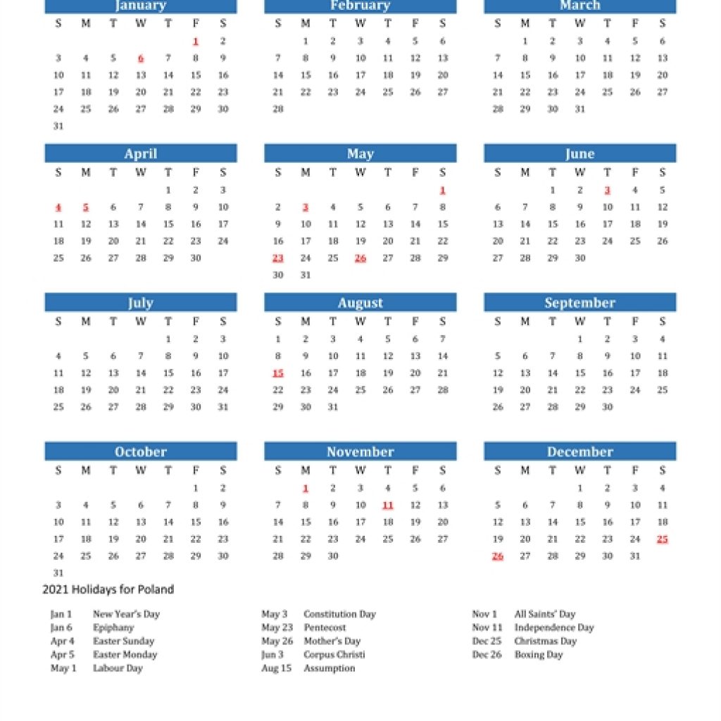 2021 Calendar - Poland With Holidays