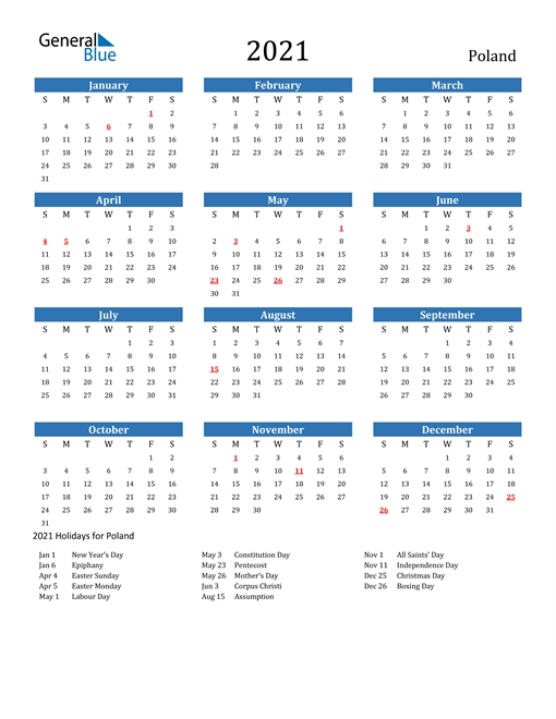 2021 Calendar - Poland With Holidays