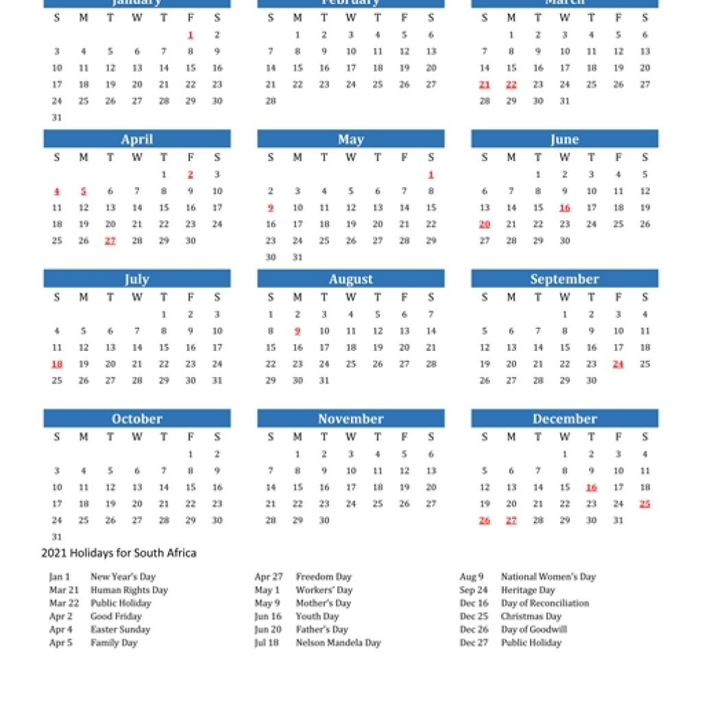 2021 Calendar - South Africa With Holidays