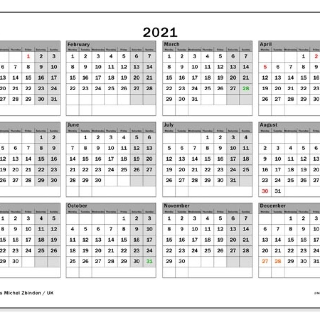 2021 Calendar, Uk - Michel Zbinden En