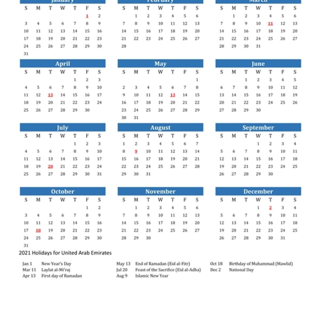 2021 Calendar - United Arab Emirates With Holidays