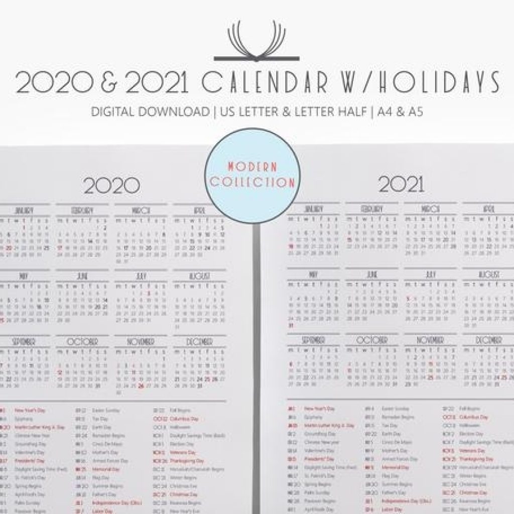 Calendar 2020 2021, Yearly Calendar With Us Holidays Printable, Yearly  Overview, Year On 1 One Page, Filofax, Mambi Large, Kikki K