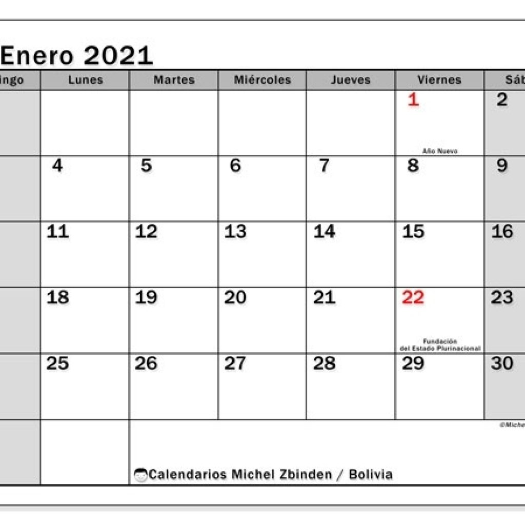 Calendario Enero 2021, Bolivia - Michel Zbinden Es