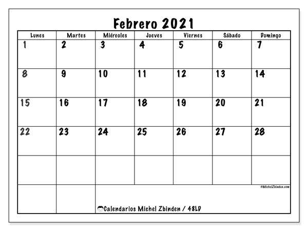 Calendario Febrero 2021 (48Ld) - Michel Zbinden Es