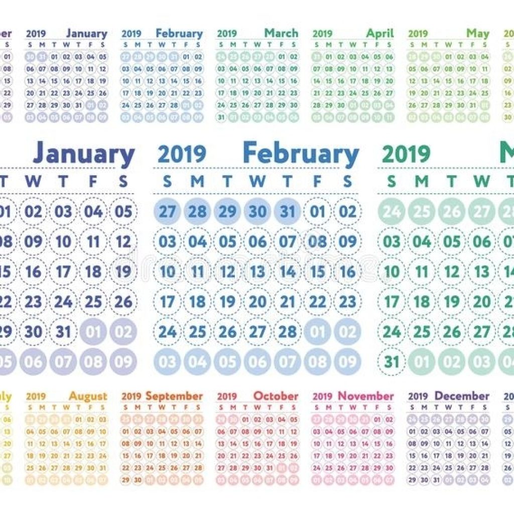 Calendrier 2019 Calendrier De L'anglais De Couleur De