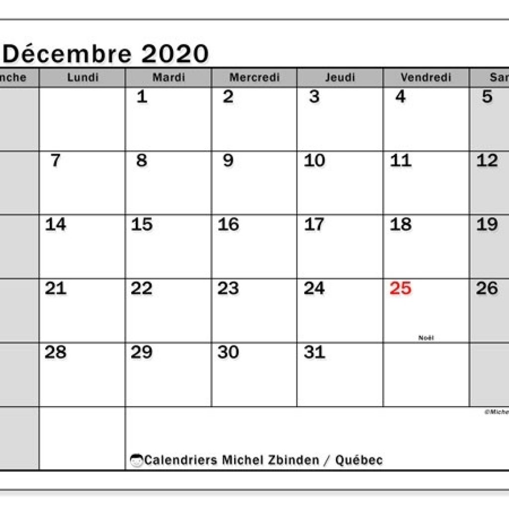 Calendrier Décembre 2020, Québec (Canada) - Michel Zbinden Fr