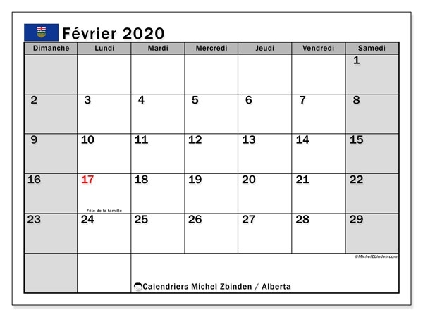 Calendrier Février 2020, Alberta (Canada) - Michel Zbinden Fr