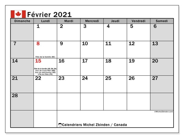 Calendrier Février 2021, Canada - Michel Zbinden Fr