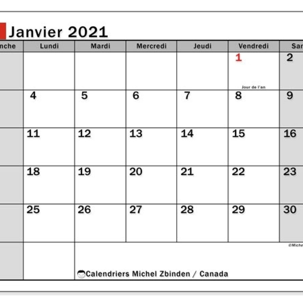 Calendrier Janvier 2021, Canada - Michel Zbinden Fr