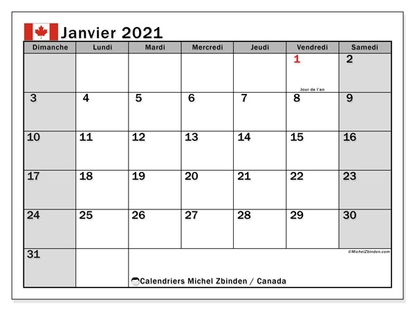 Calendrier Janvier 2021, Canada - Michel Zbinden Fr