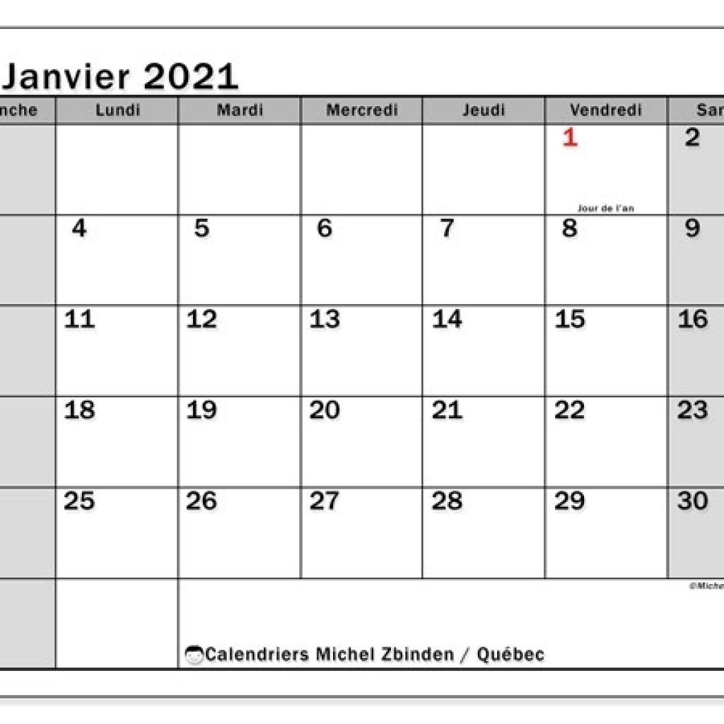 Calendrier Janvier 2021, Québec (Canada) - Michel Zbinden Fr