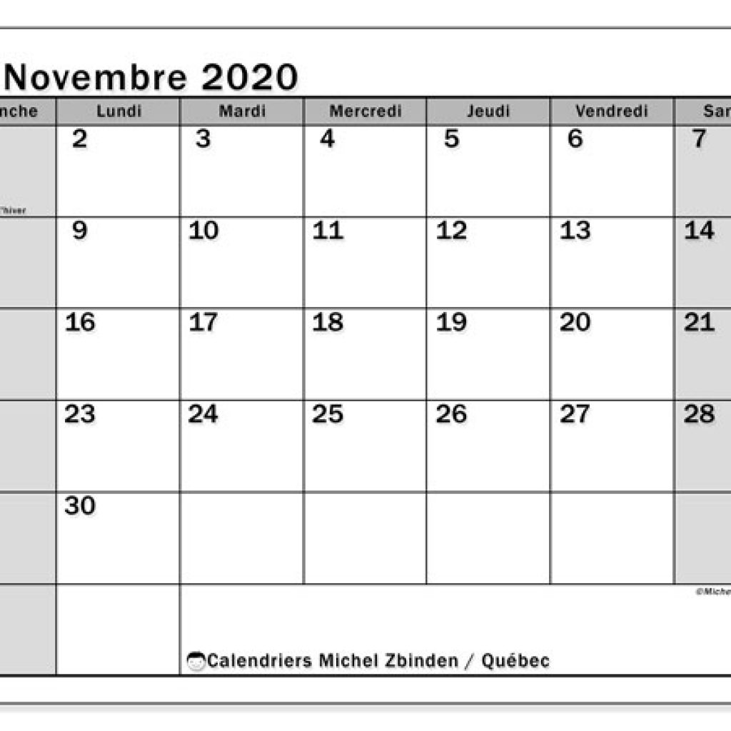 Calendrier Novembre 2020, Québec (Canada) - Michel Zbinden Fr