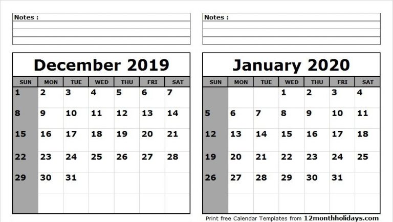 December 2019 January 2020 Calendar Printable | 2021