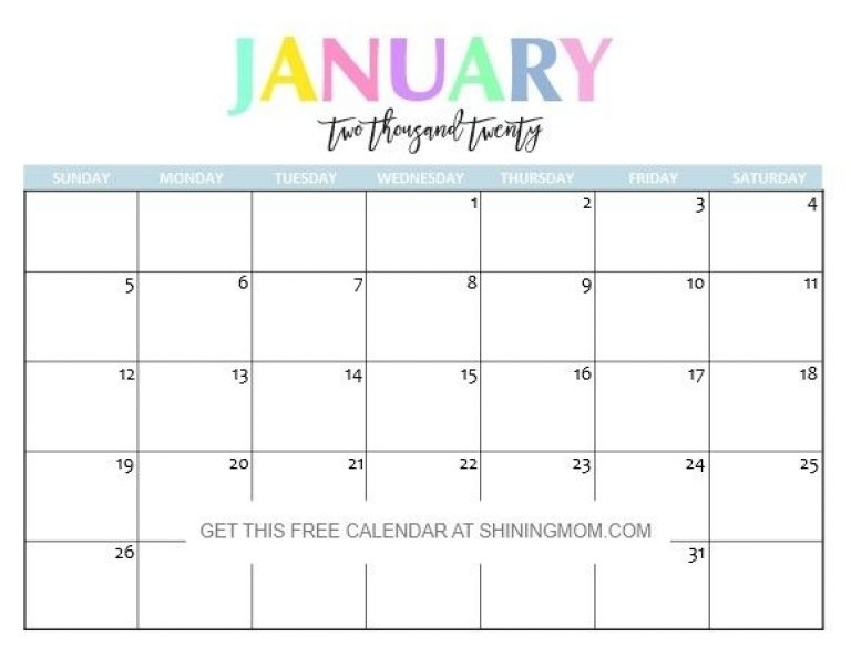 Free Printable 2020 Calendar So Beautiful &amp; Colorful January