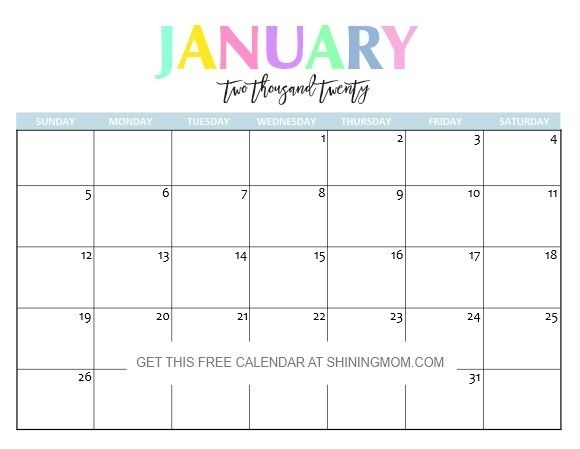 Free Printable 2020 Calendar So Beautiful &amp; Colorful January