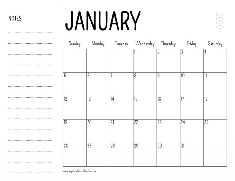 January 2020 Printable Calendar