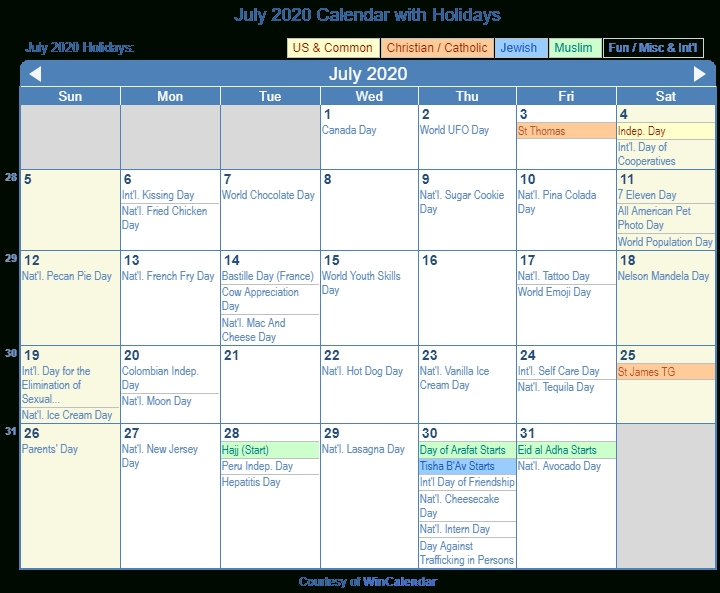 July 2020 Calendar With Holidays - United States