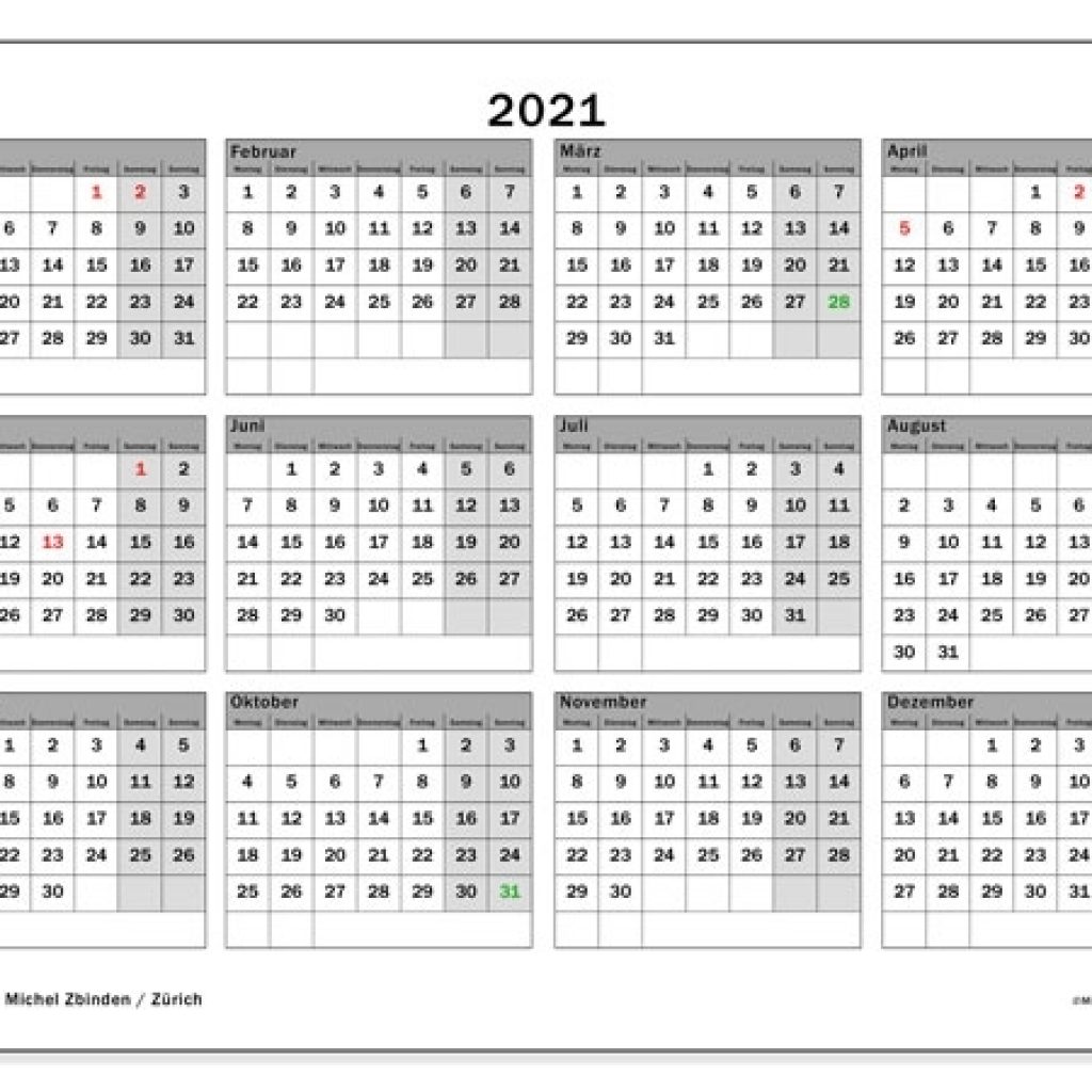 Kalender 2021, Kanton Zürich (Schweiz) - Michel Zbinden De