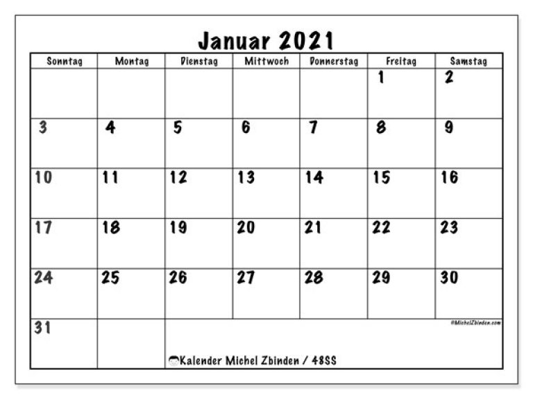 Kalender Januar 2021 (48Ss) - Michel Zbinden De