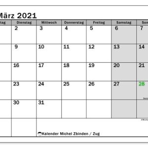 Kalender März 2021, Kanton Zug (Schweiz) - Michel Zbinden De