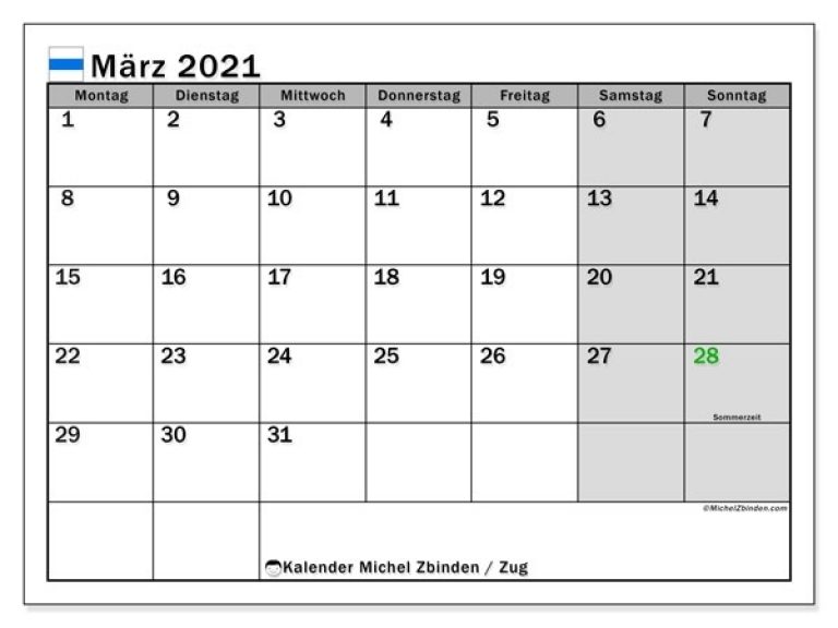 Kalender März 2021, Kanton Zug (Schweiz) - Michel Zbinden De