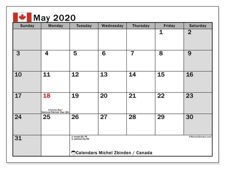 May 2020 Calendar, Canada - Michel Zbinden En