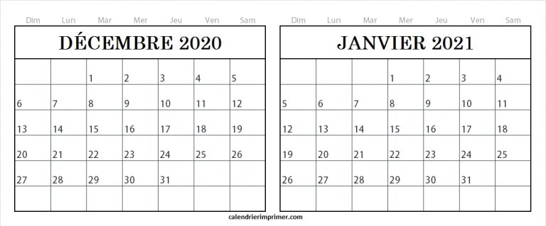 Modèle Calendrier Décembre 2020 Janvier 2021 Vacances À Imprimer