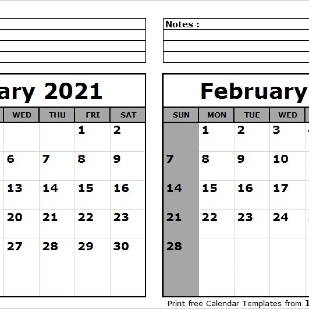 Print January February 2021 Calendar Template | 2 Month Calendar