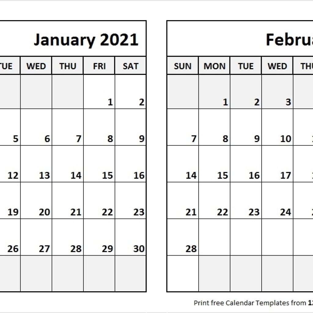 Print January February 2021 Calendar Template | 2 Month Calendar