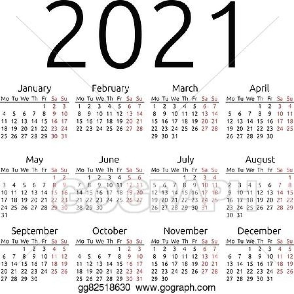 Vector Illustration - Simple Calendar 2021, Monday. Eps